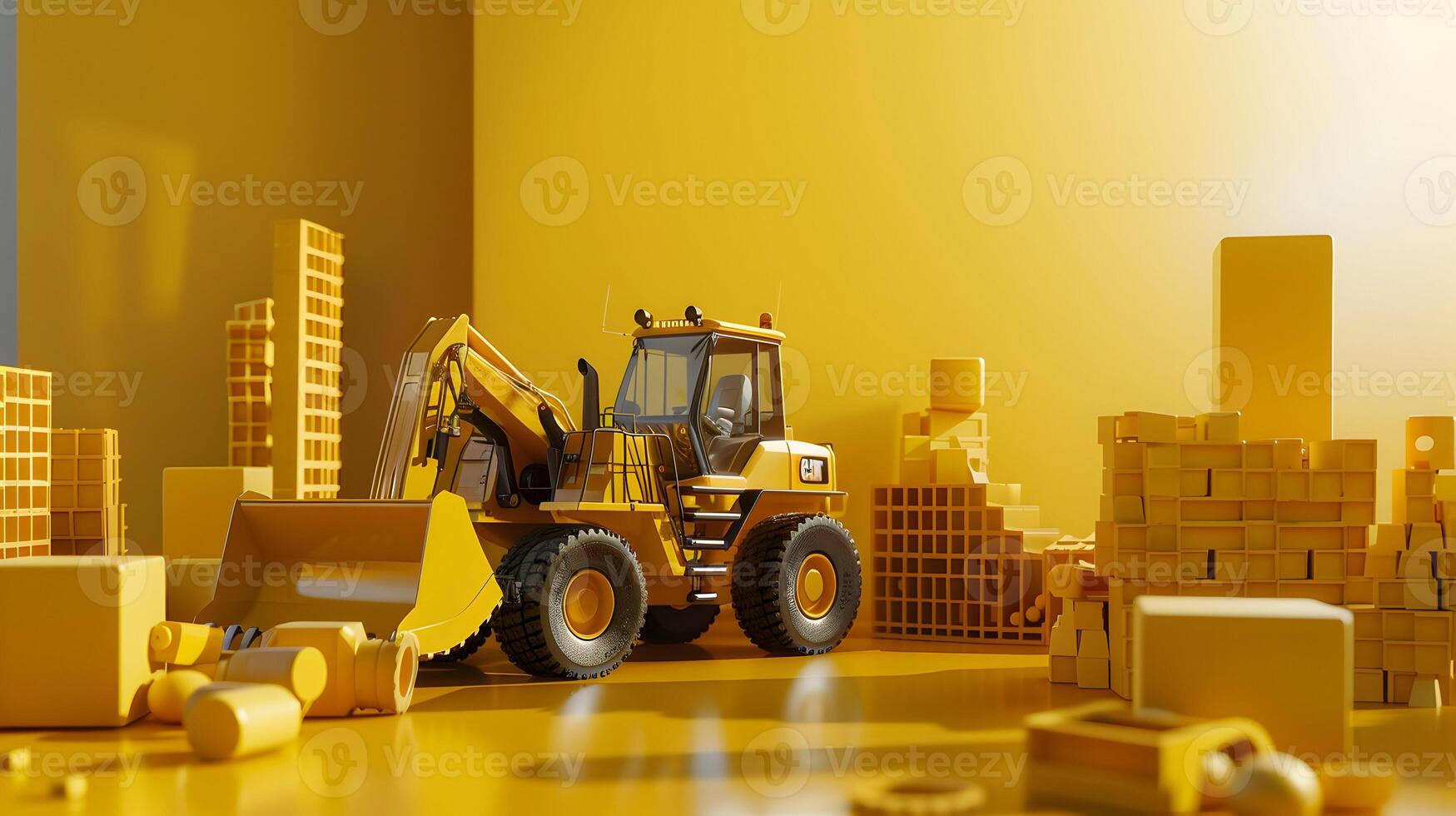 A yellow construction vehicle sits in front of a building photo