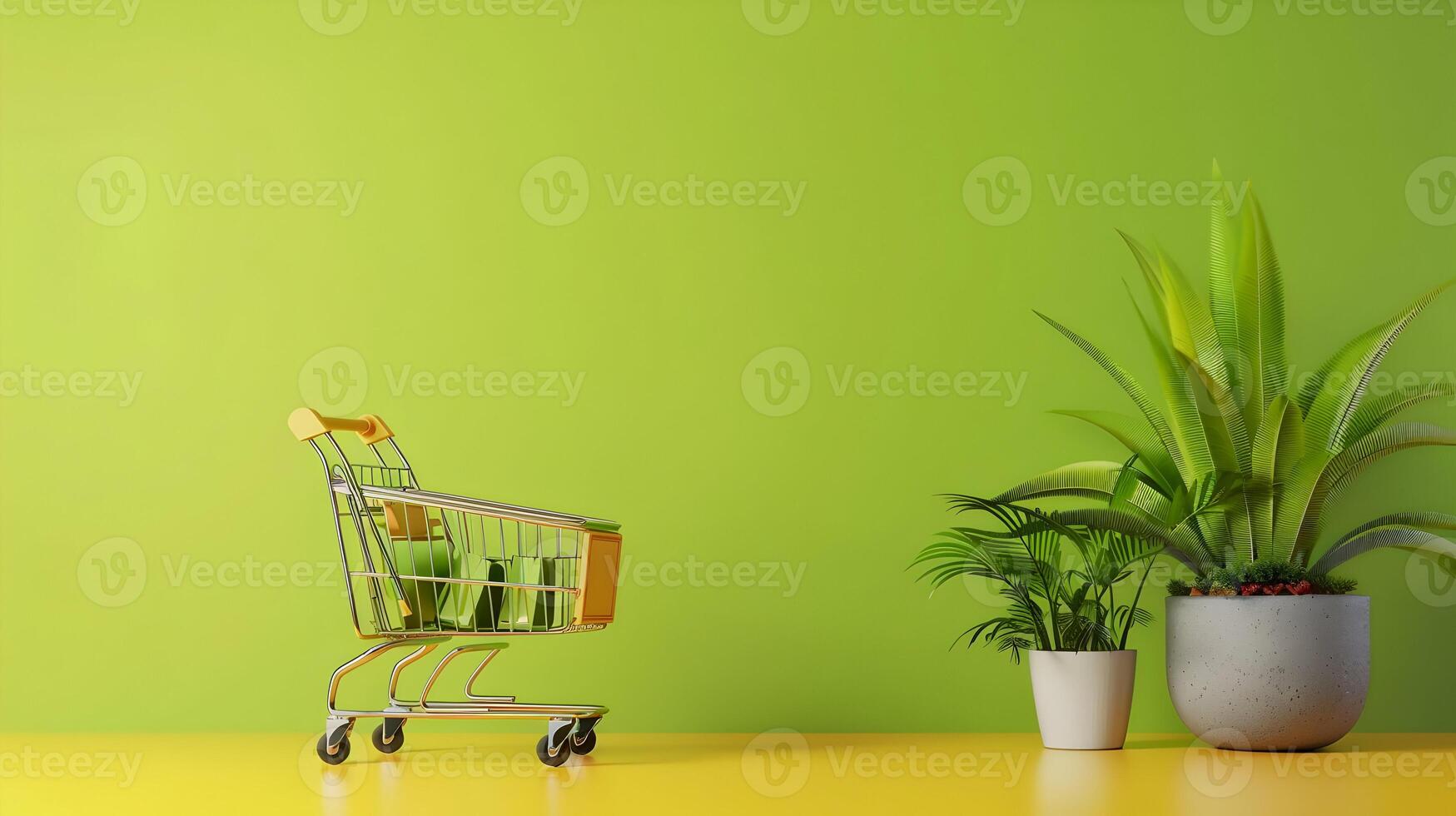 A shopping cart with a plant on a yellow background photo