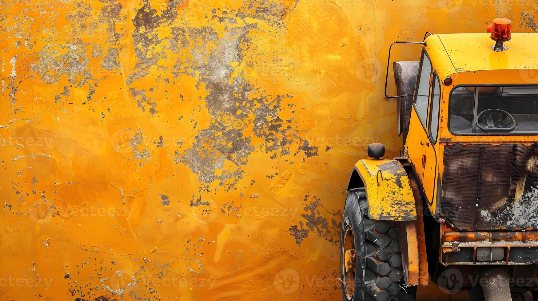 A close up of a yellow truck with a large dent in the side photo