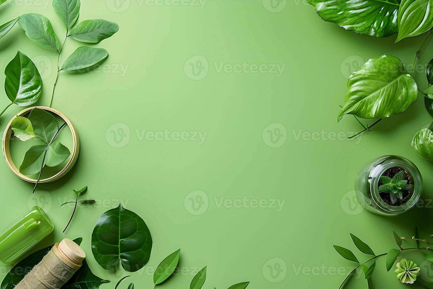 Green leaves and plants on a green background photo