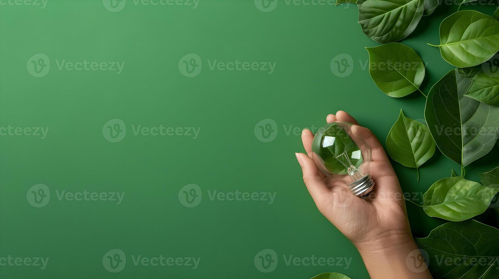 Green energy concept with hand holding light bulb and green leaves on a green background photo