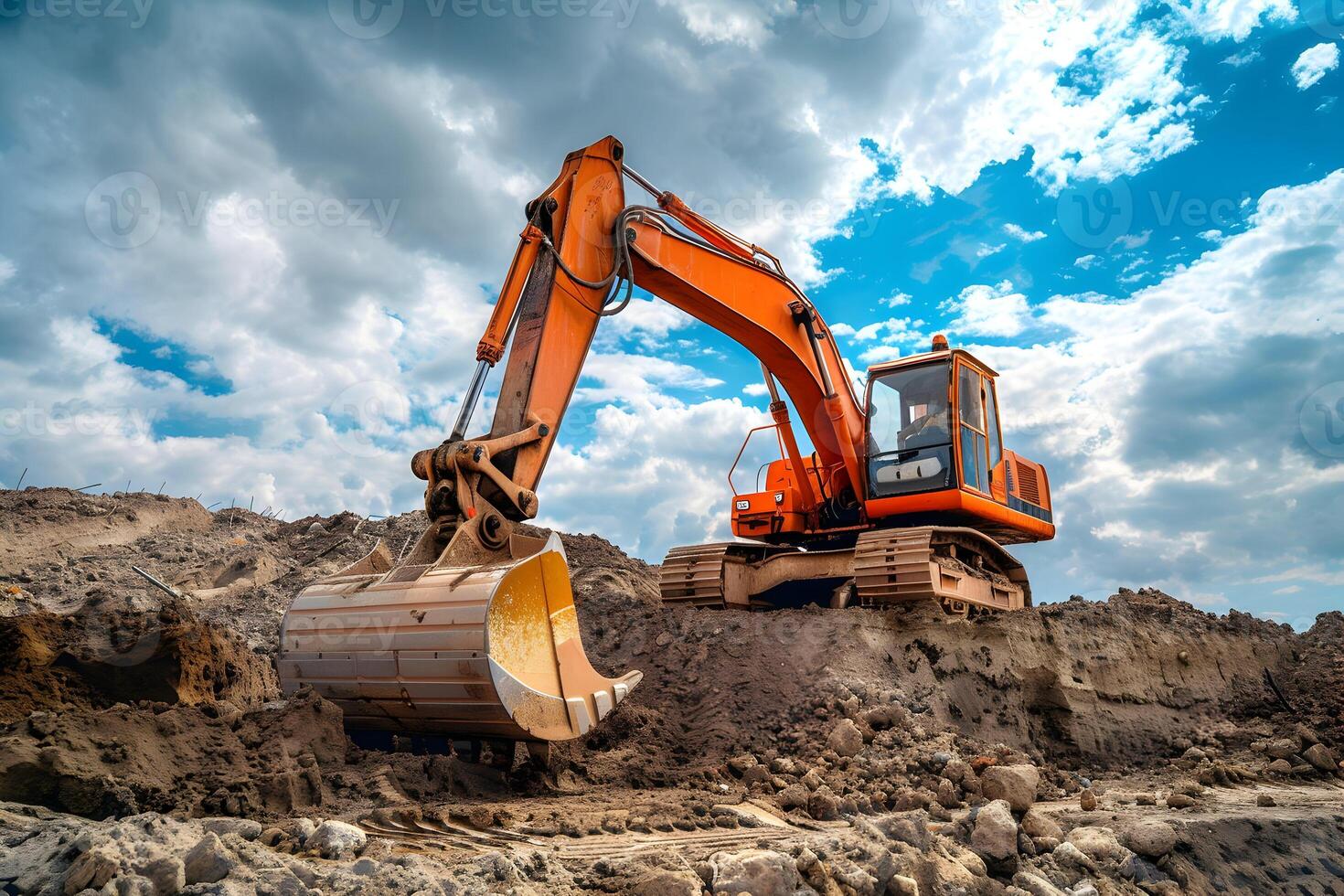 An orange excavator is digging dirt on a hill photo