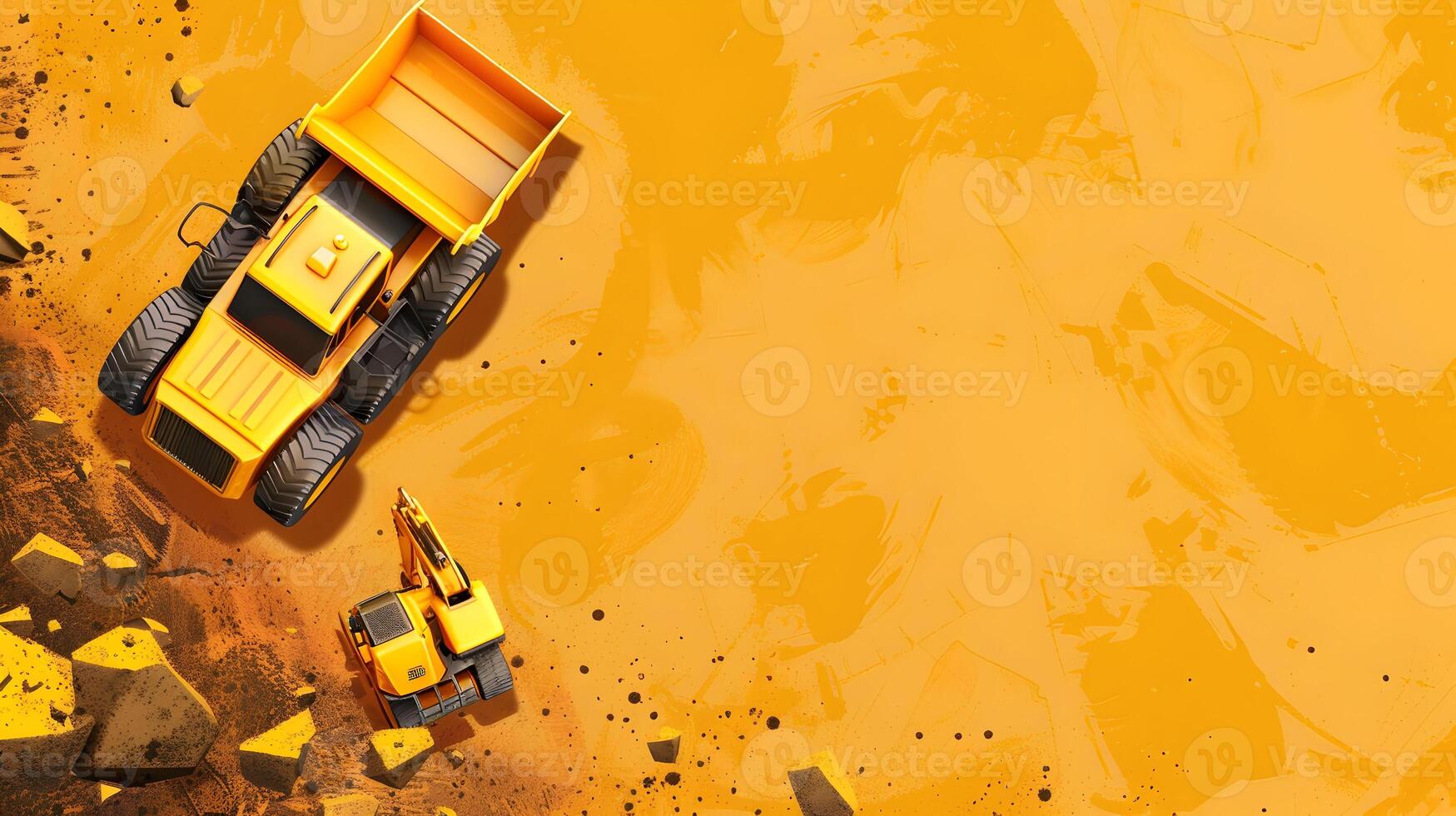 A yellow construction vehicle is driving over a pile of rubble photo