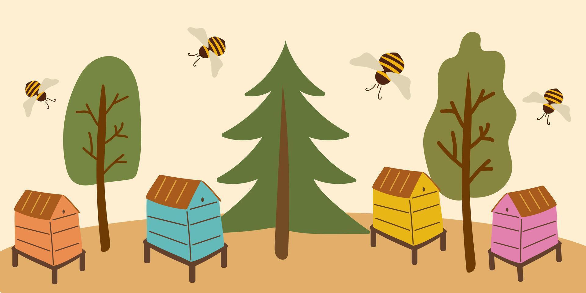 Beekeeping farm in the forest. Bee farm in forest. vector