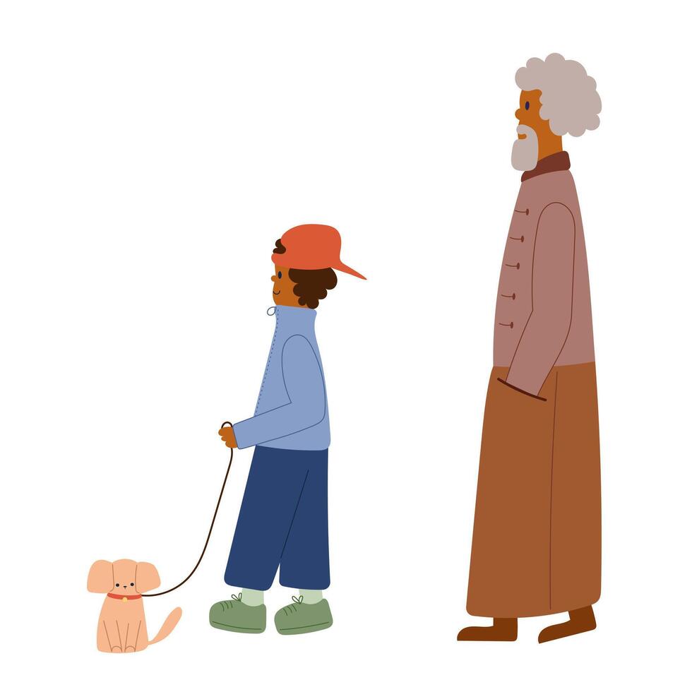 Aged male character with young kid and dog. vector