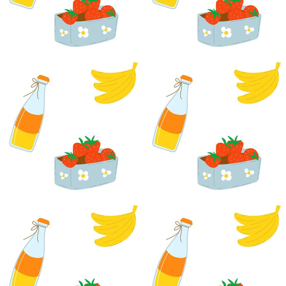 Summer seamless pattern with fruits and bottle of juice. Strawberry, banana and drink. vector