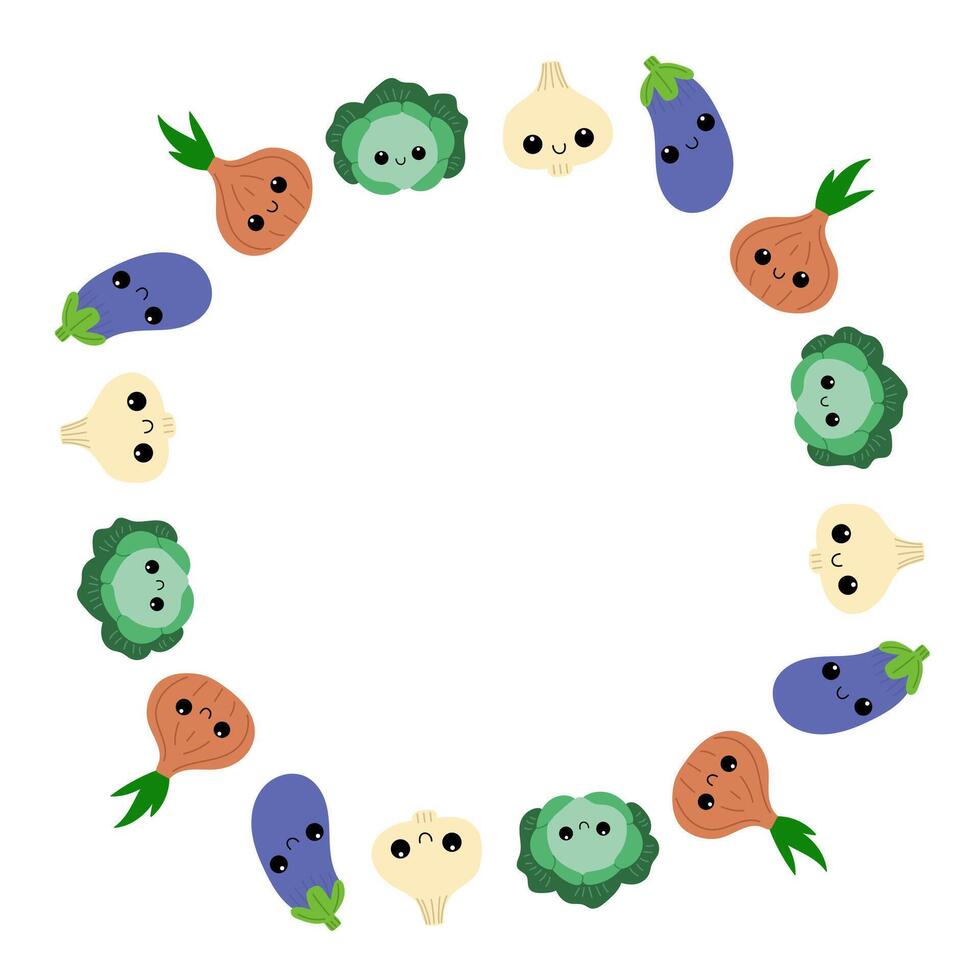 Round frame with cute vegetables. Veggies with smiling faces. vector