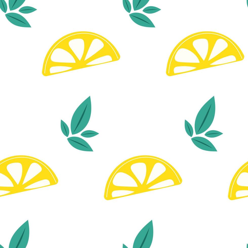 Seamless pattern with lemon slice and green leafs. vector