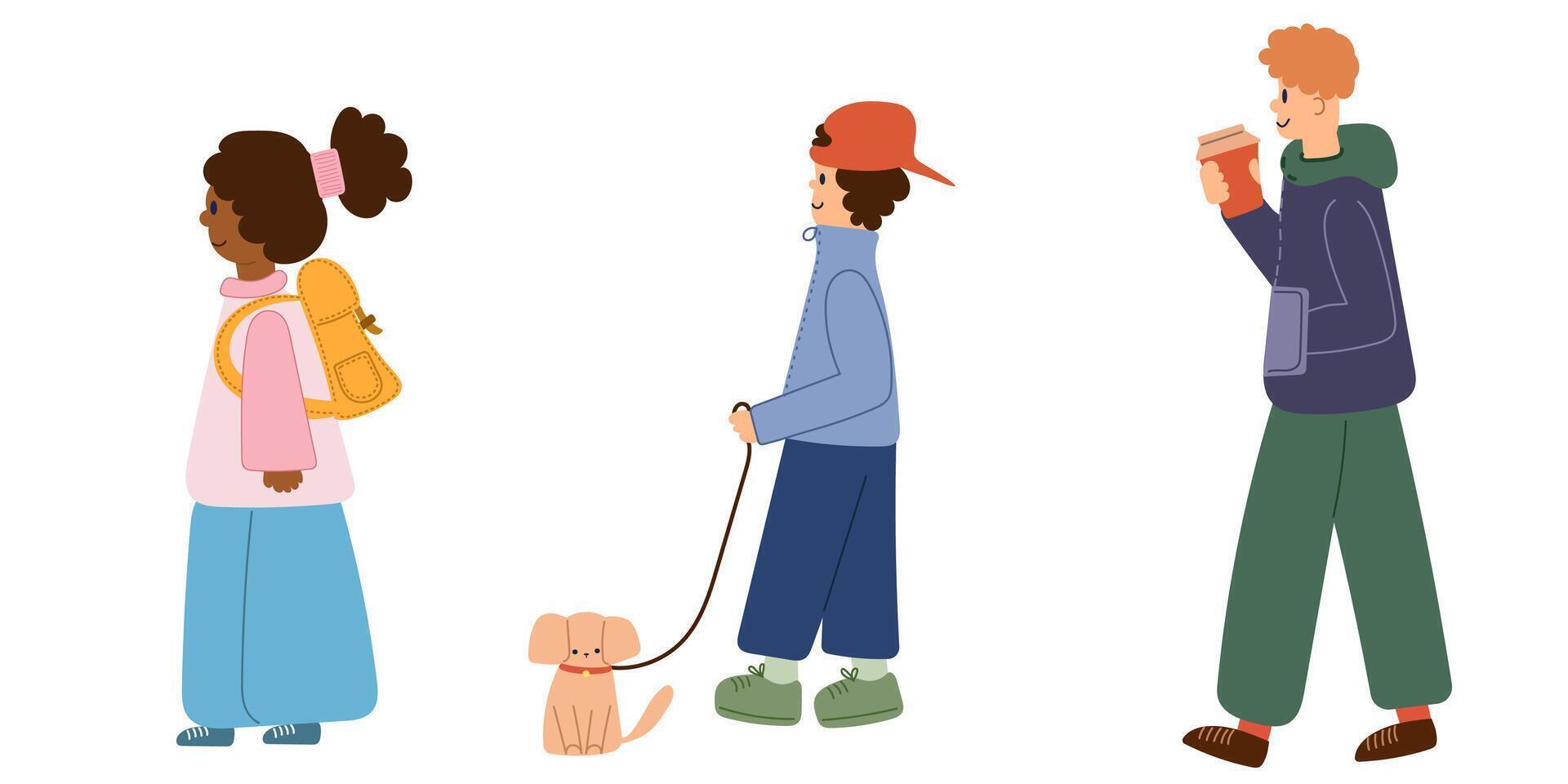 Kids going to school. Back to school people set. vector