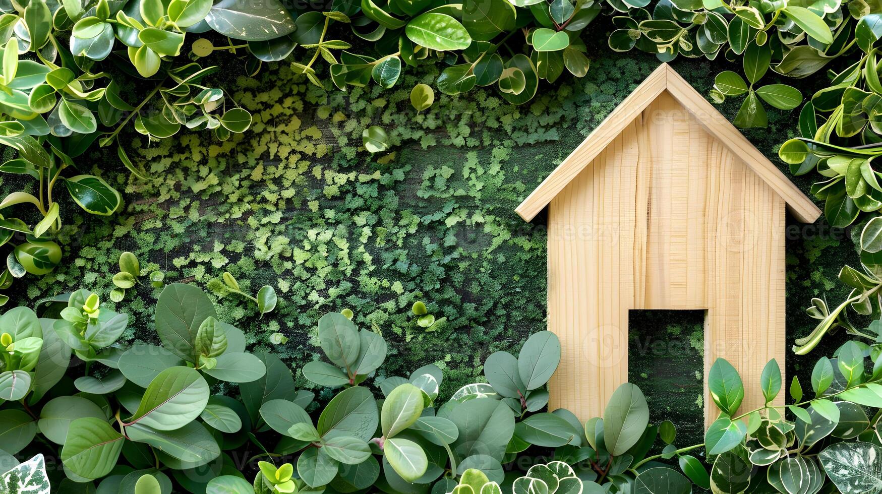 Wooden house in green plants photo