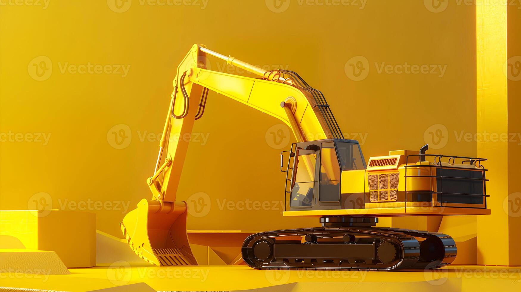 A toy excavator sits in front of a yellow wall photo
