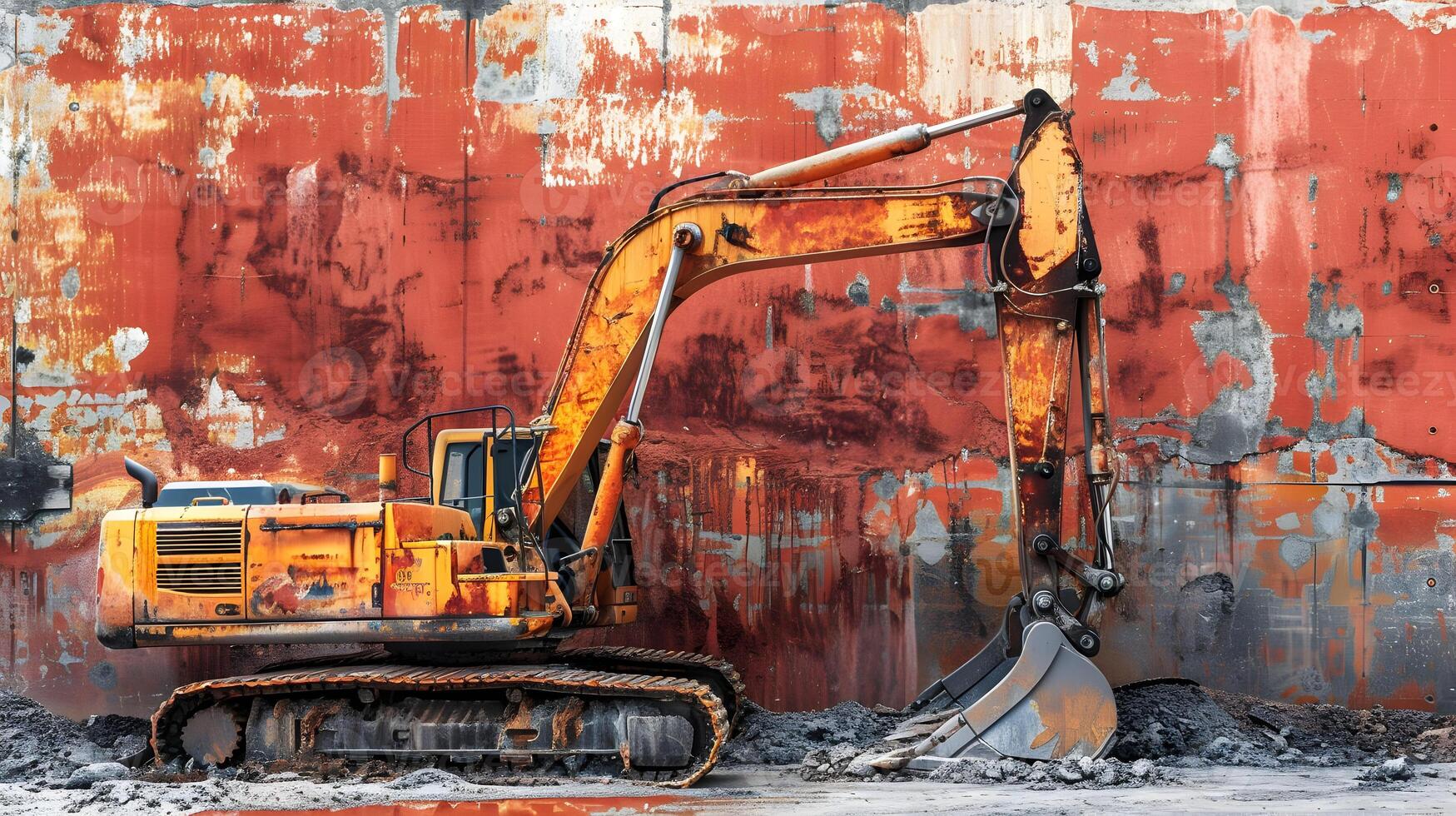 An excavator is parked next to a rusty wall photo