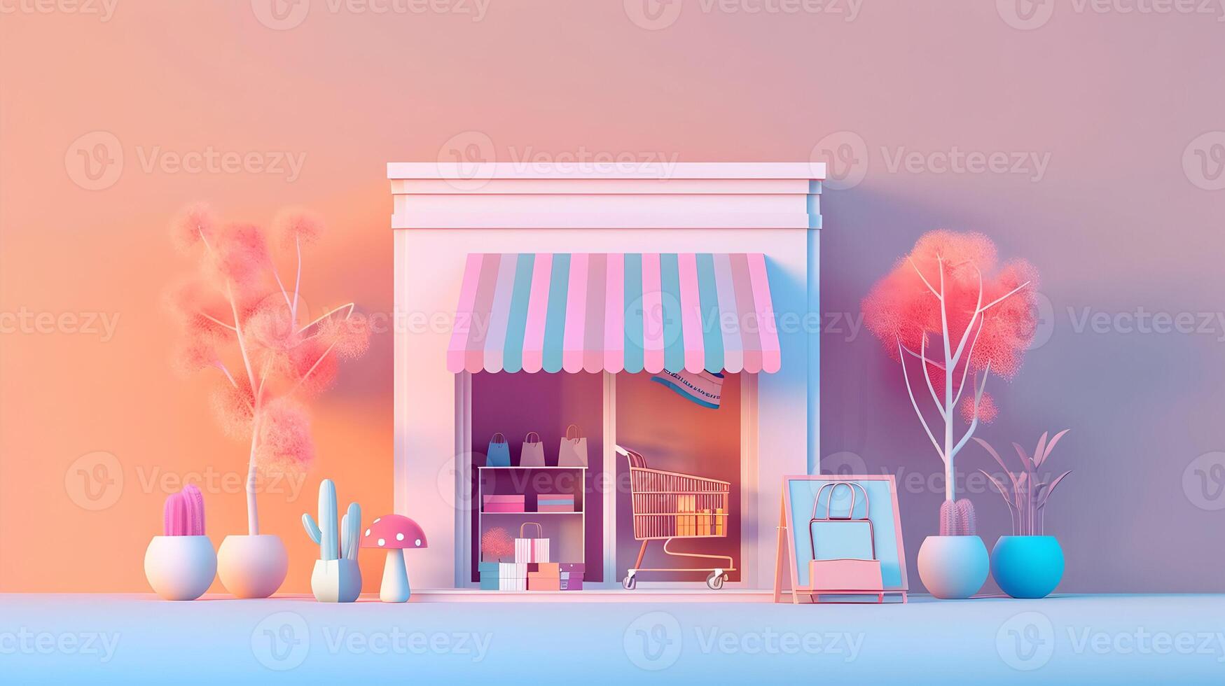 A pink and blue store front with a pink and blue tree photo