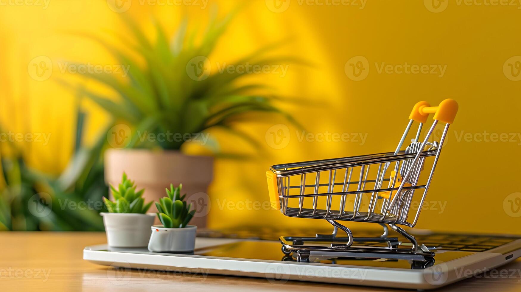 Shopping cart on laptop with plant and potted plant photo
