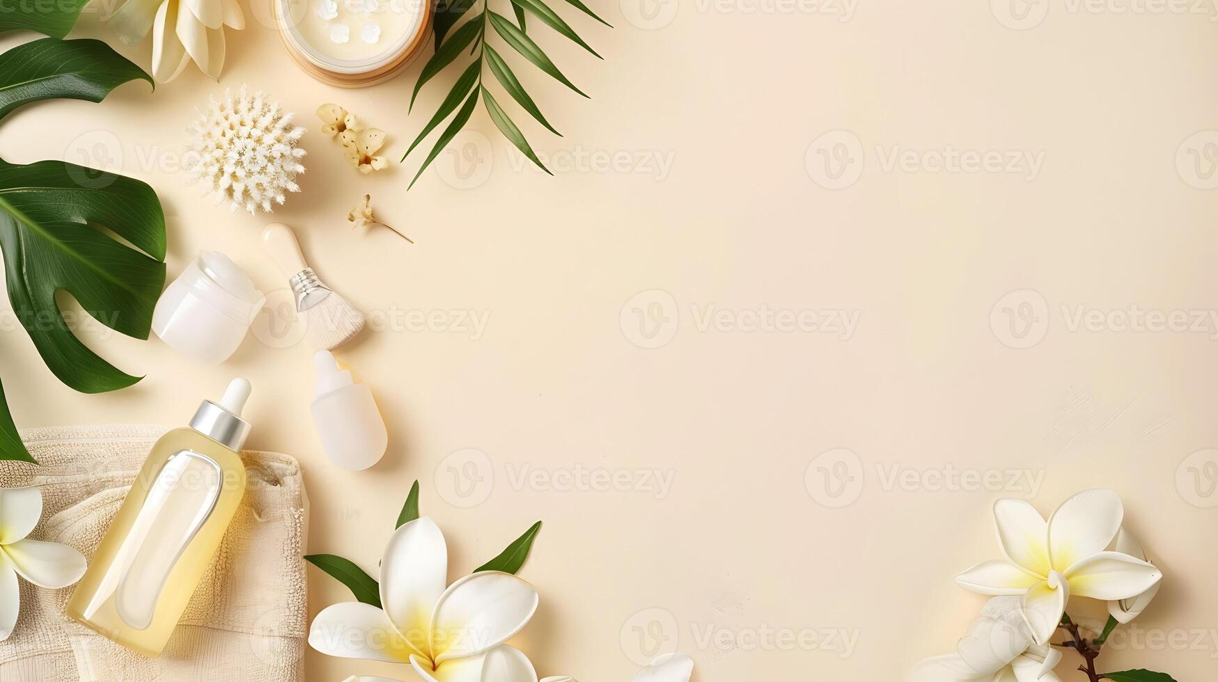 Spa products on a beige background with white flowers photo