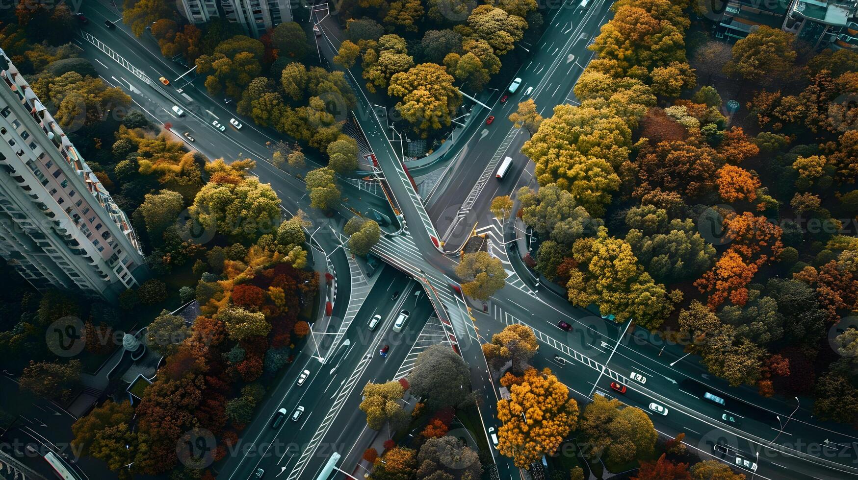 An aerial view of a city intersection in the fall photo