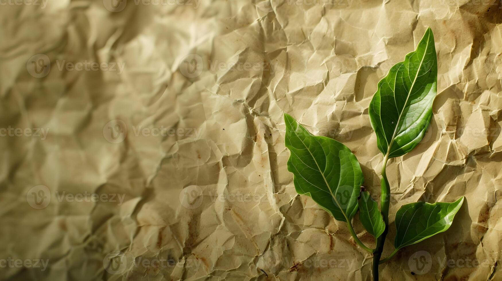 A green leaf is sitting on top of a crumpled paper photo