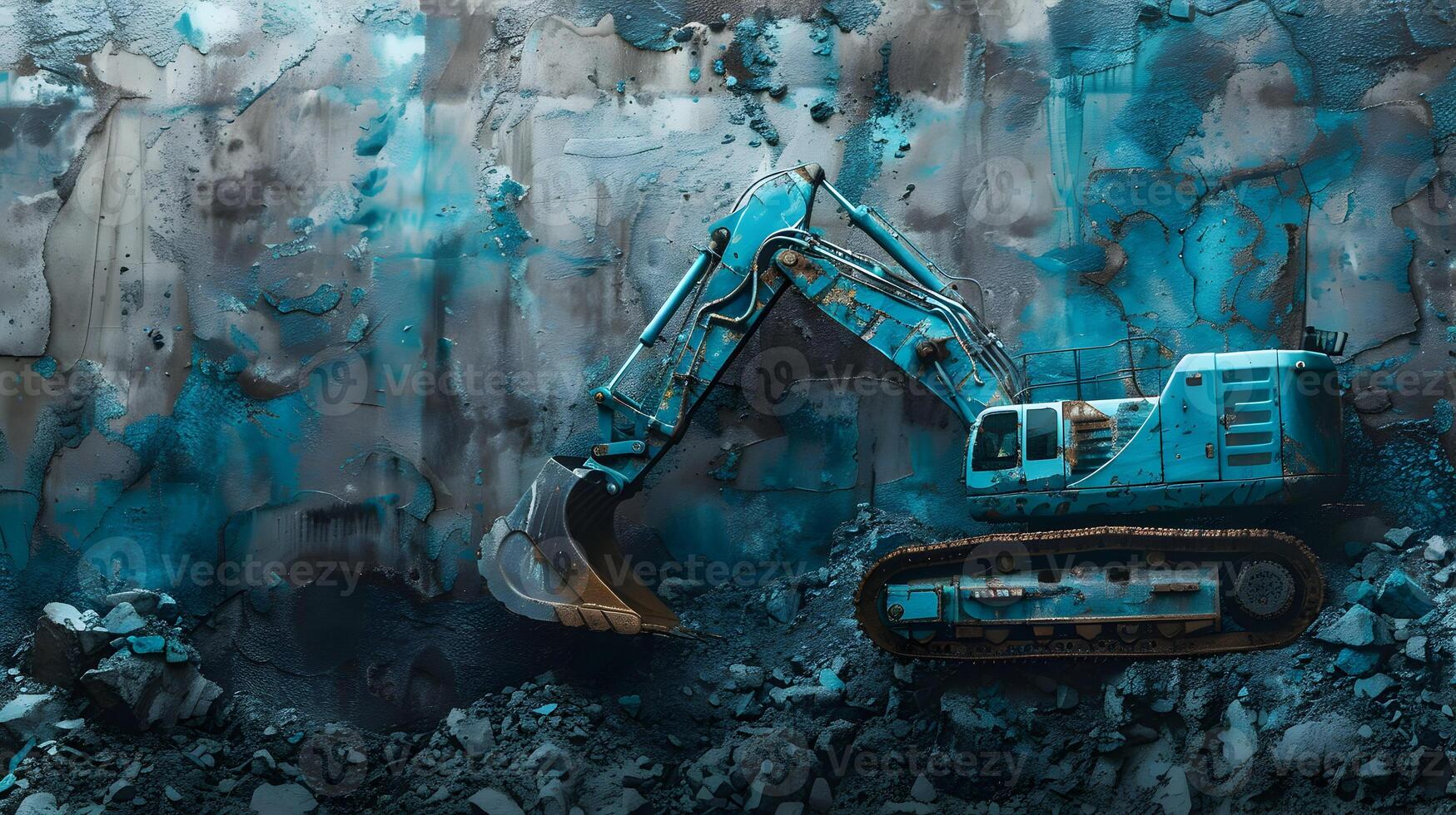 A painting of an excavator in a blue cave photo