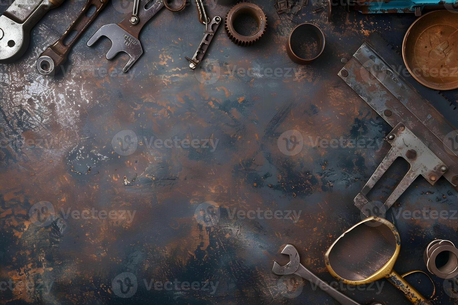 A variety of tools on a rusty table photo