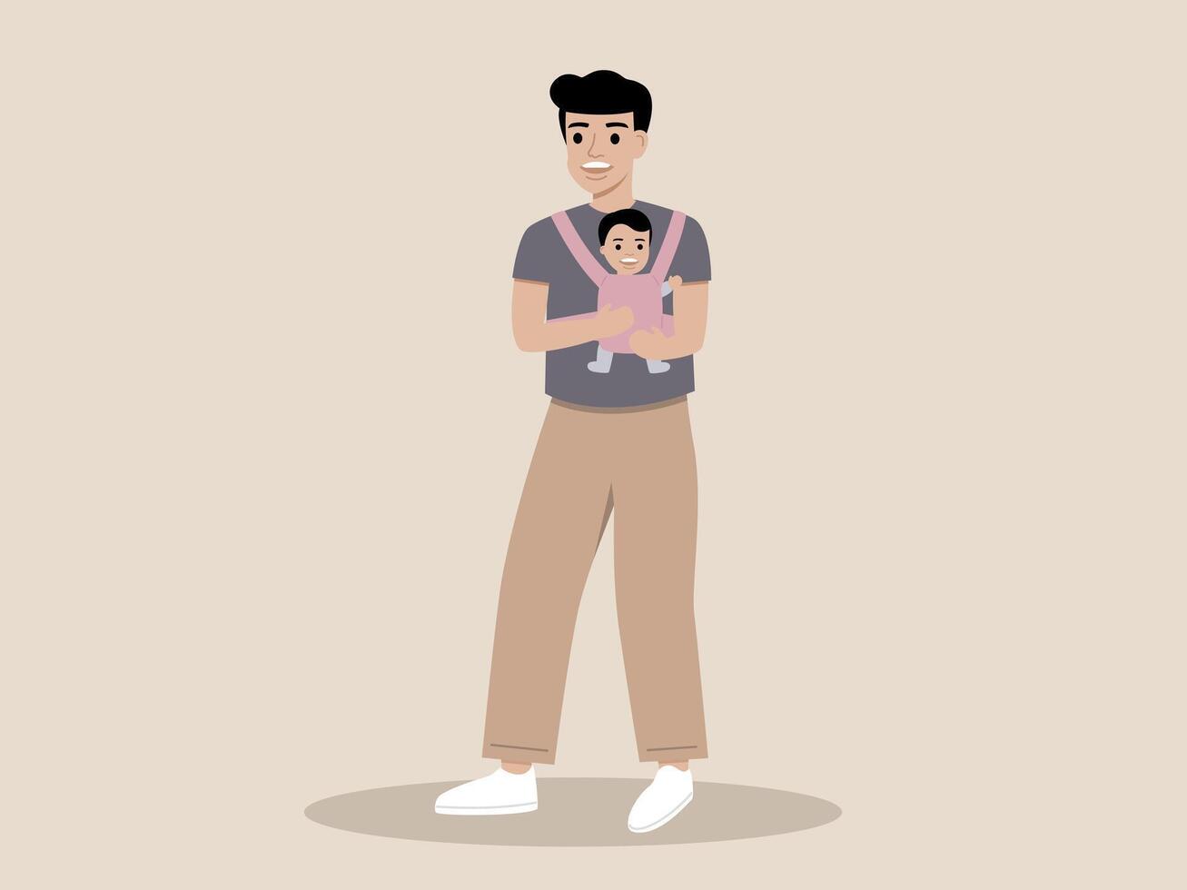 Father holding baby baby carrier happy standing casual clothing smiling parent child family bonding happy father stands holding his baby front carrier both smiling dressed casual clothing showing vector