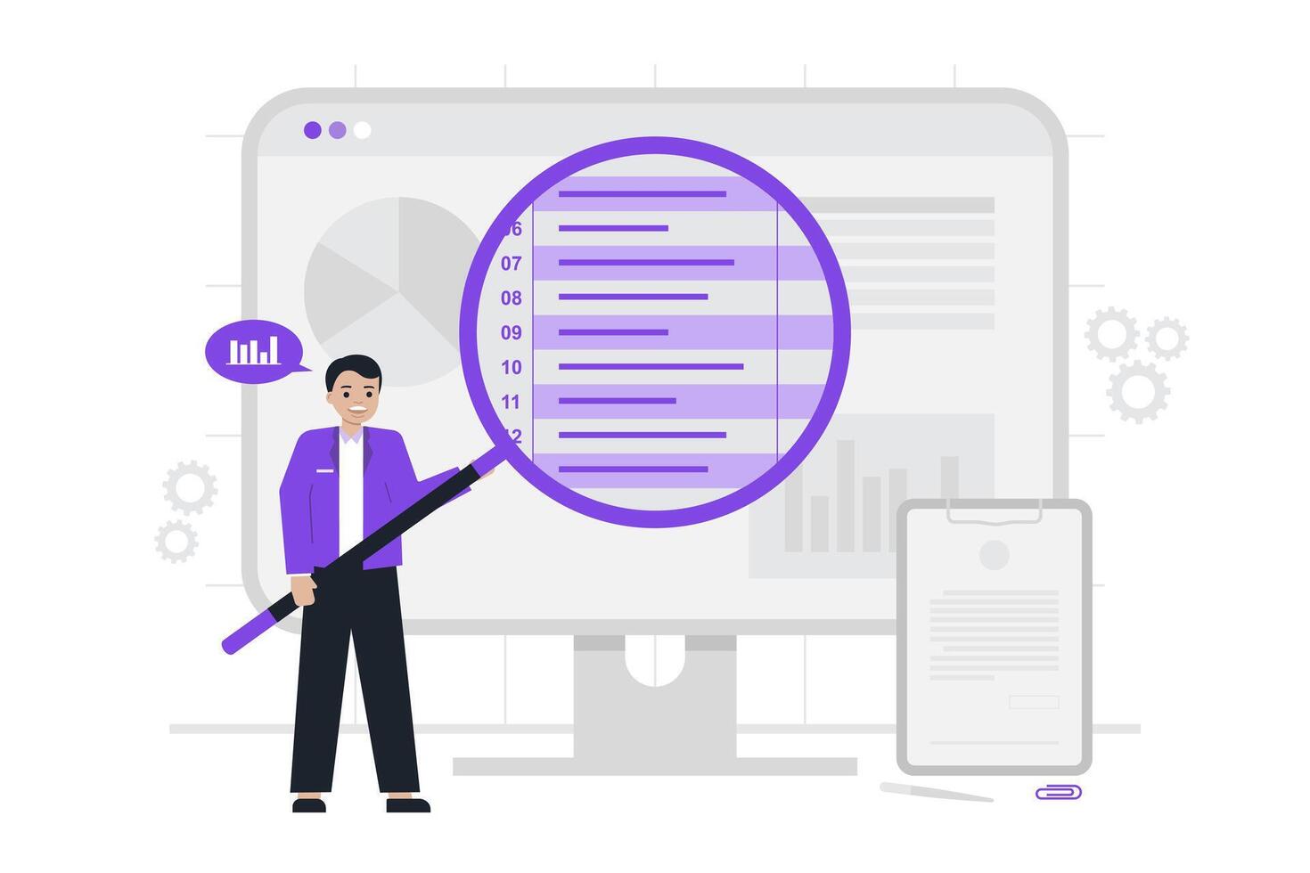 A business analyst examining data on a large screen with a magnifying glass, symbolizing thorough data analysis and insights, with charts and graphs in the background. vector