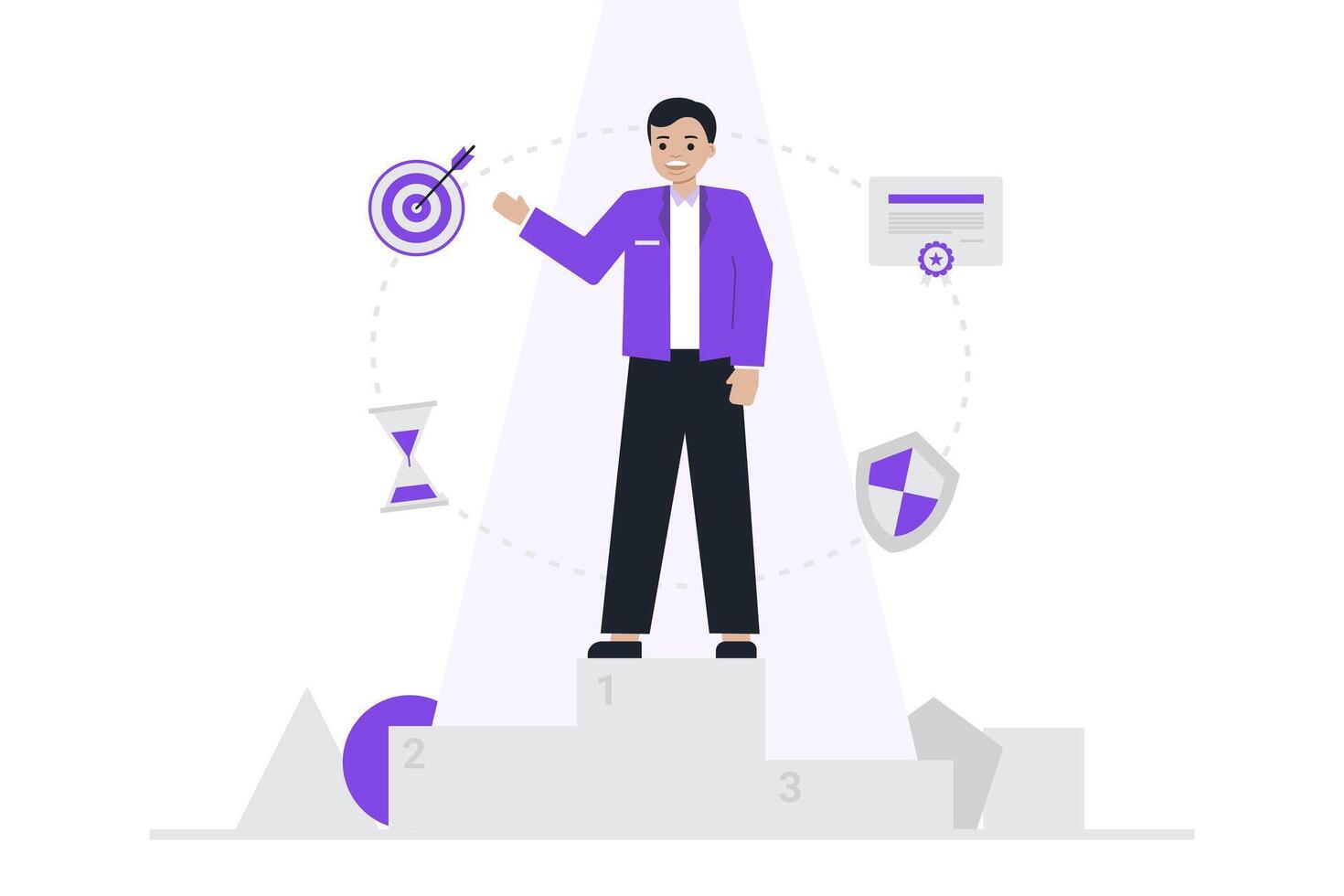 A confident specialist standing at a podium symbolizing success and achievement, surrounded by icons representing skills, goals, and time management in modern flat design style. vector