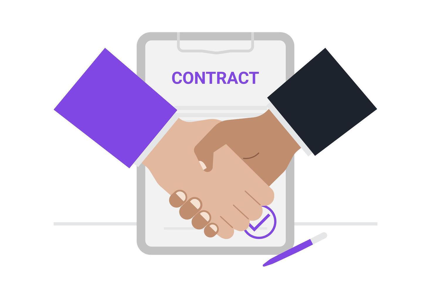 A consultant and client professional handshake symbolizes a successful agreement and trusted partnership, with contract documents and a pen in the background. vector