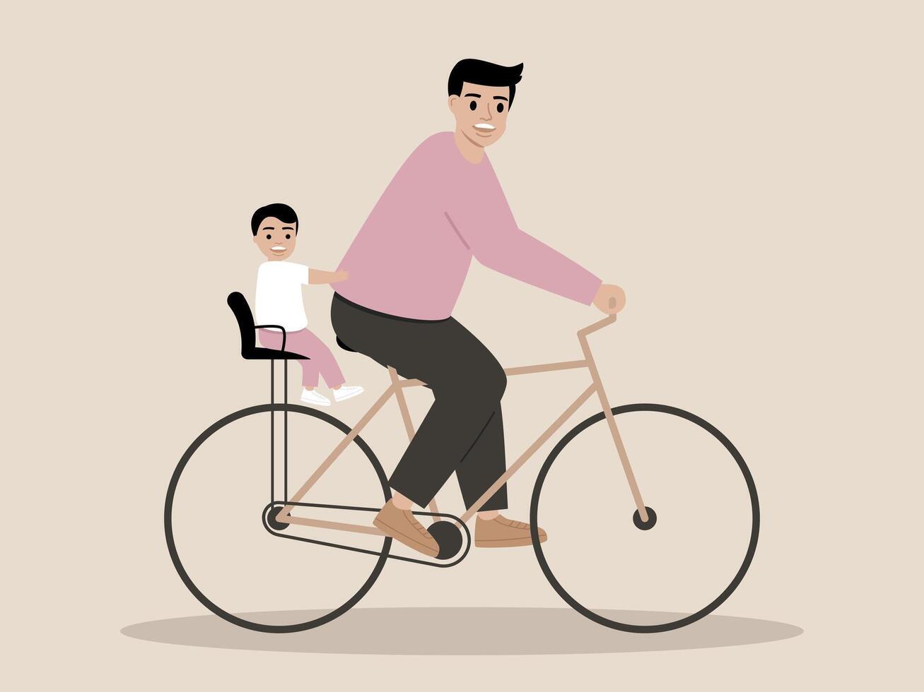 Father child bike ride together outdoors happy bonding safety seat. father and child enjoy happy bike ride together outdoors with child safely seated child seat expressing joy and family bonding vector