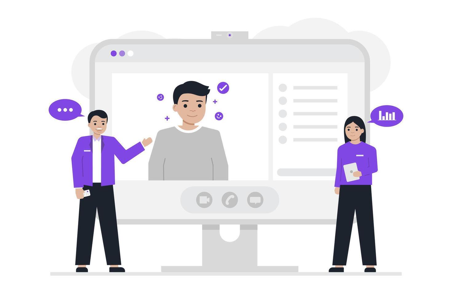 Online consultant and analyst engage in a digital business meeting, demonstrating professional teamwork through virtual communication technology for data discussion and strategic analysis. vector