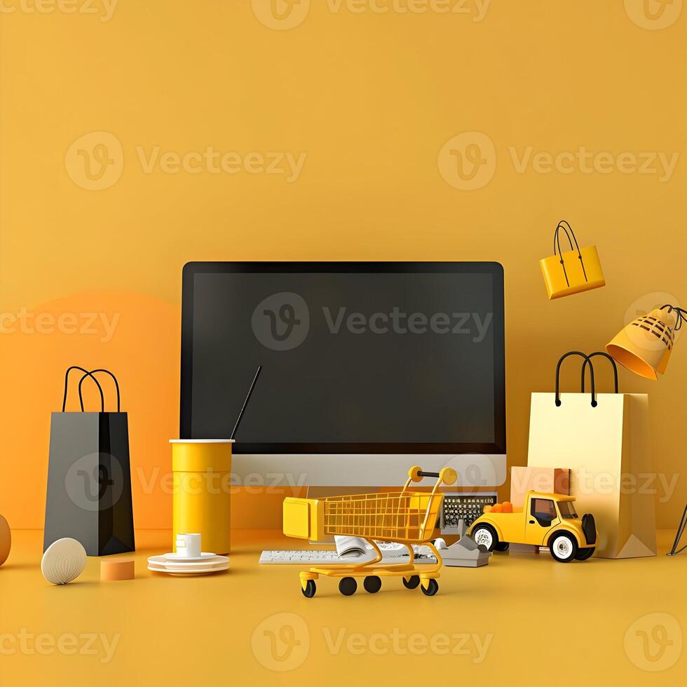 A computer monitor, shopping bags and other items on a yellow background photo