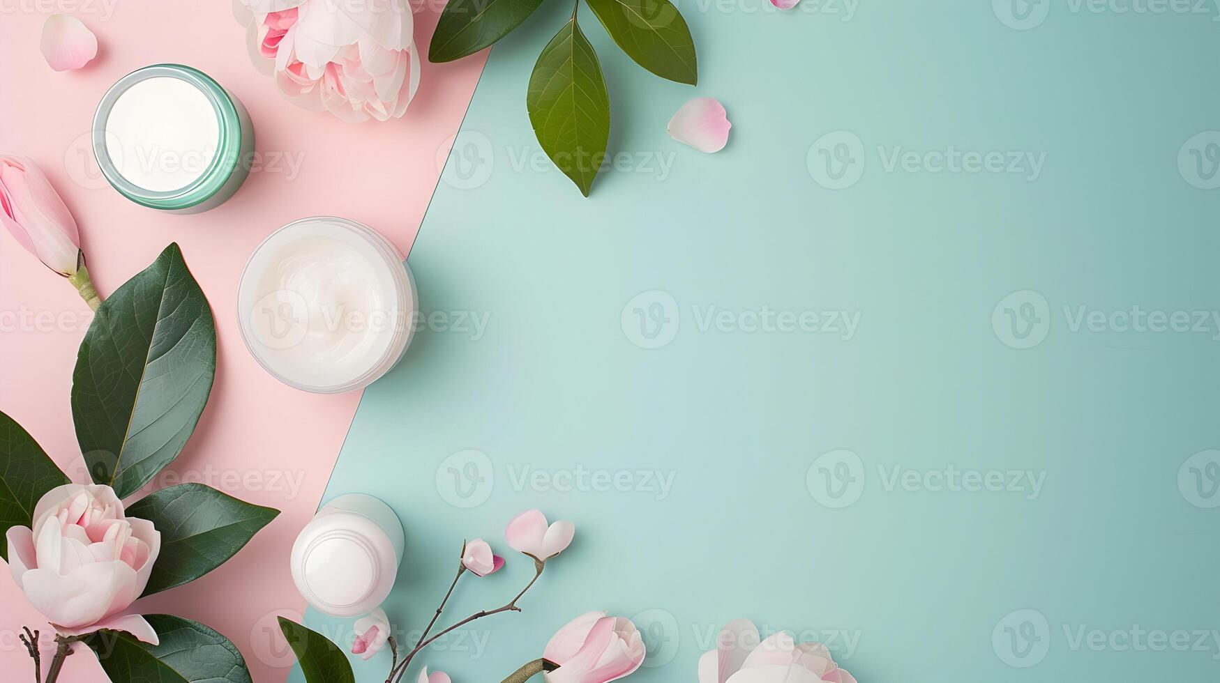 Beauty products on a pink and blue background photo
