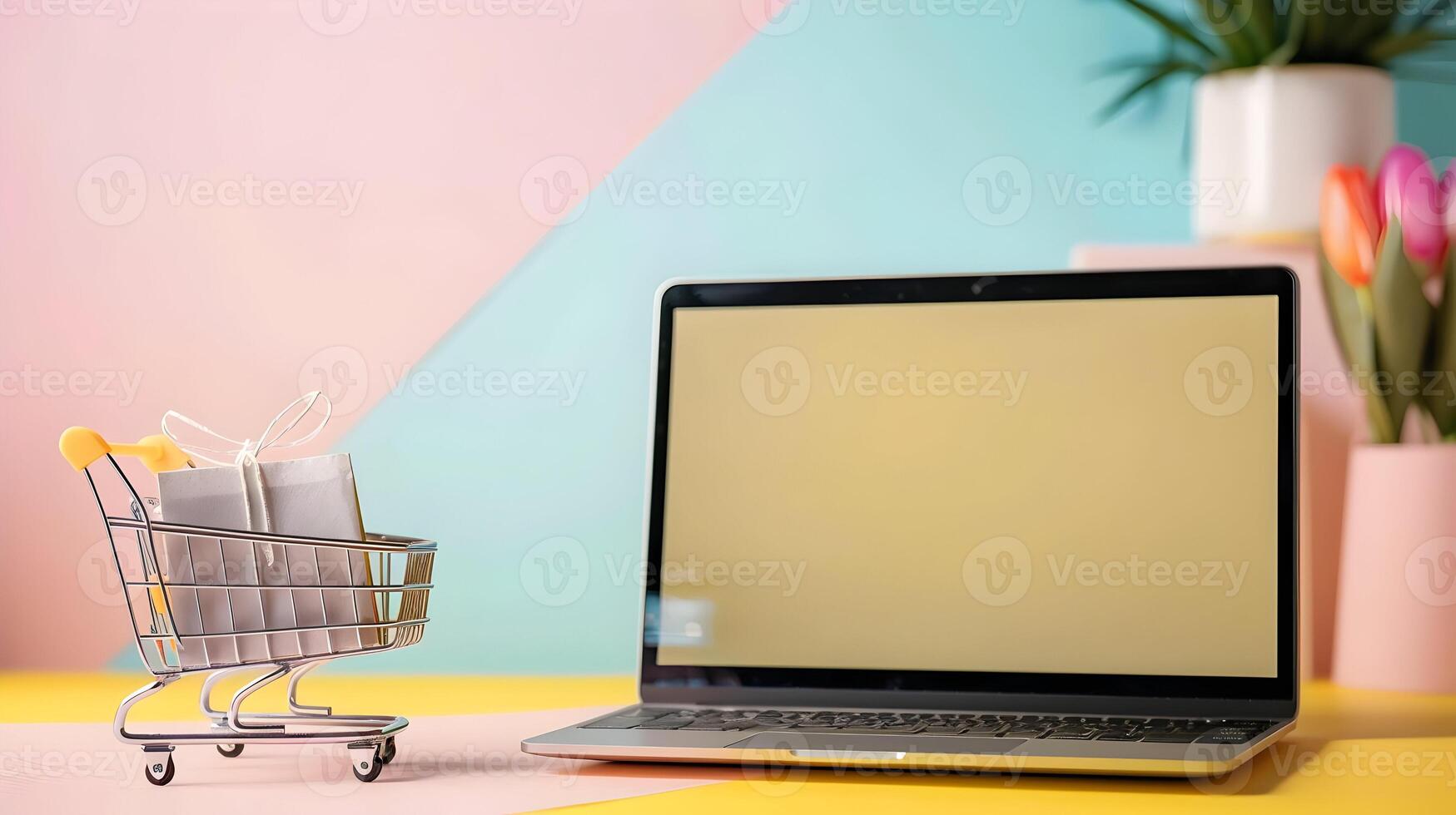 Laptop with shopping cart on colorful background photo