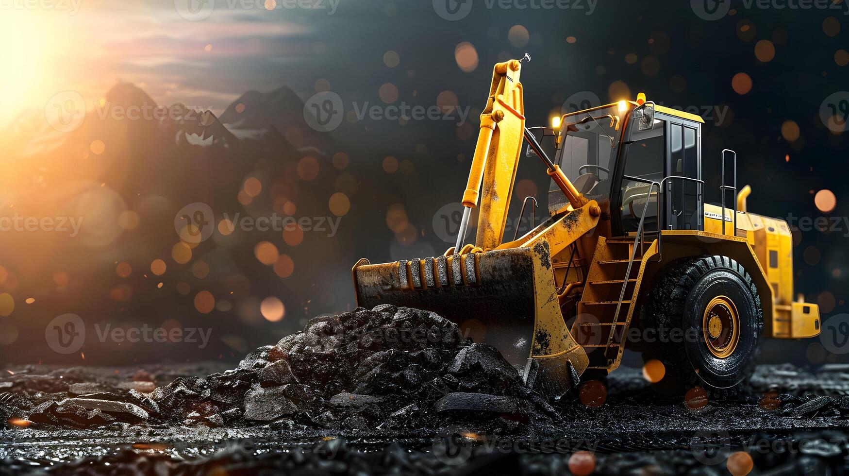 A construction vehicle is sitting on top of a pile of dirt photo