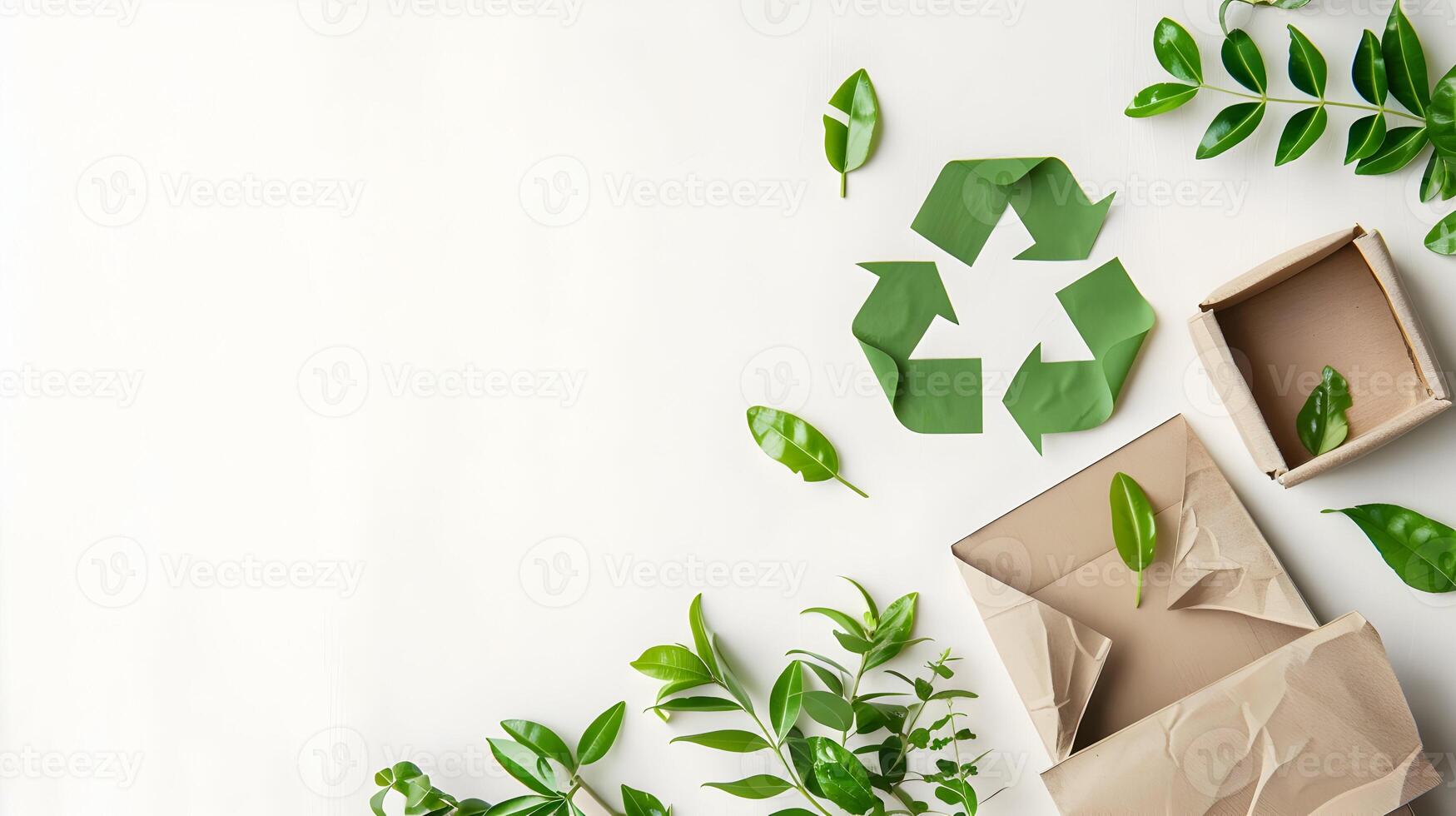 Recycling concept with paper box and green leaves on white background photo