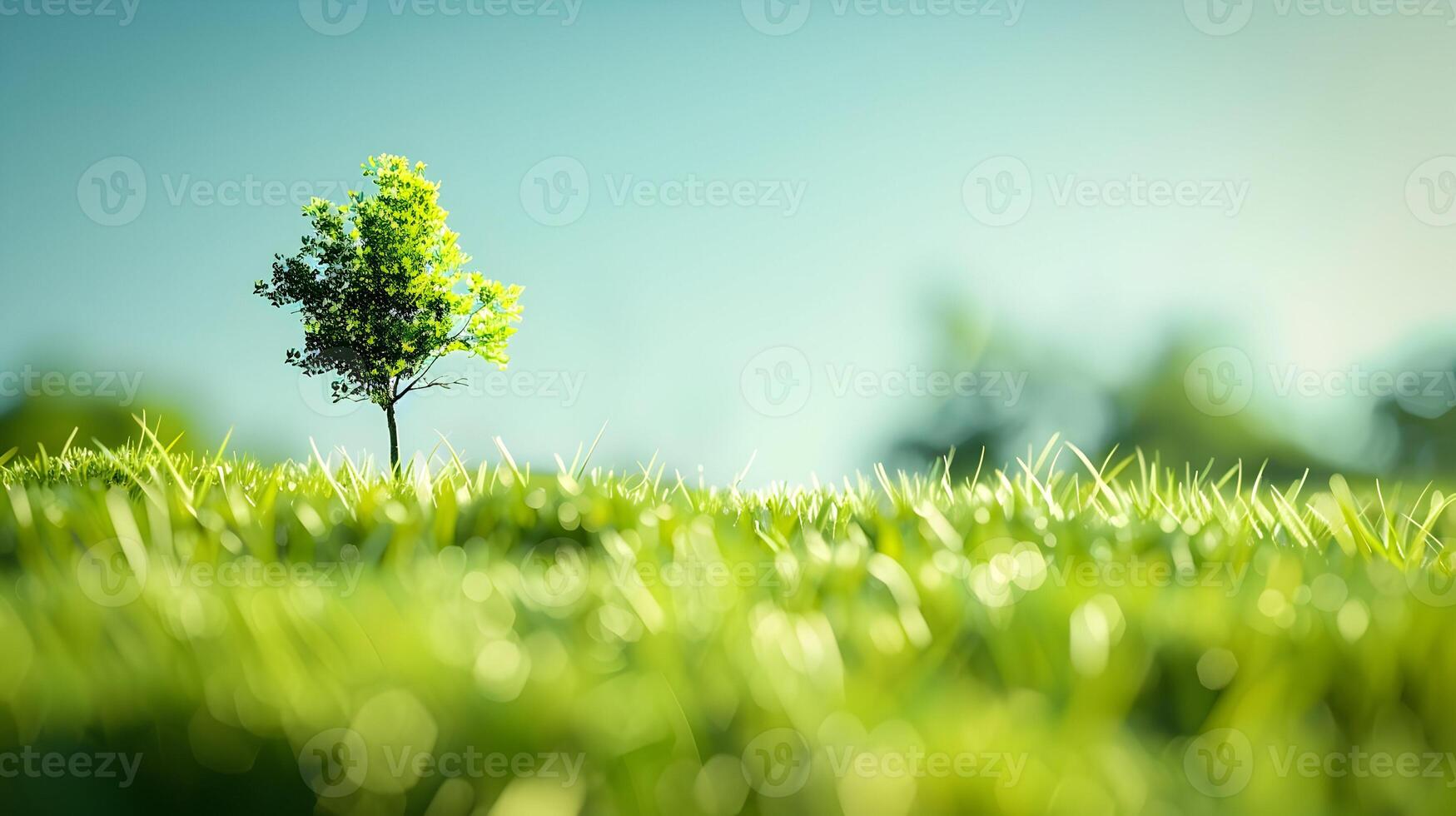 A small tree is standing in a field of grass photo