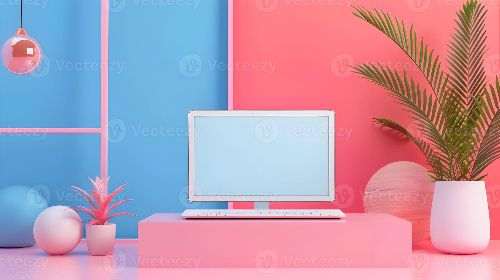 A computer monitor and a plant on a pink and blue background photo