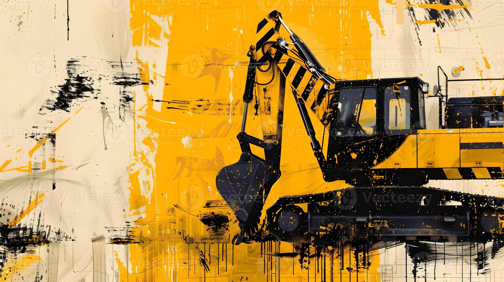 A painting of a large excavator on a yellow background photo