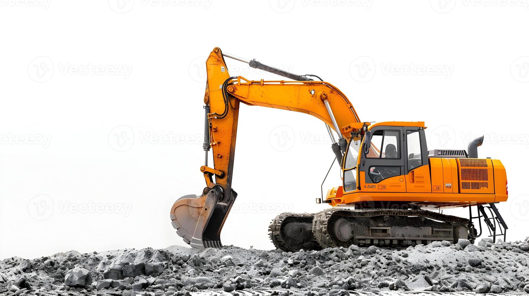 A large orange excavator is sitting on top of a pile of rocks photo