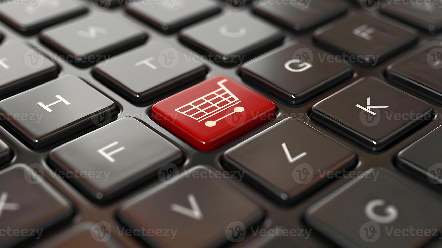A red shopping cart button is on a black keyboard photo