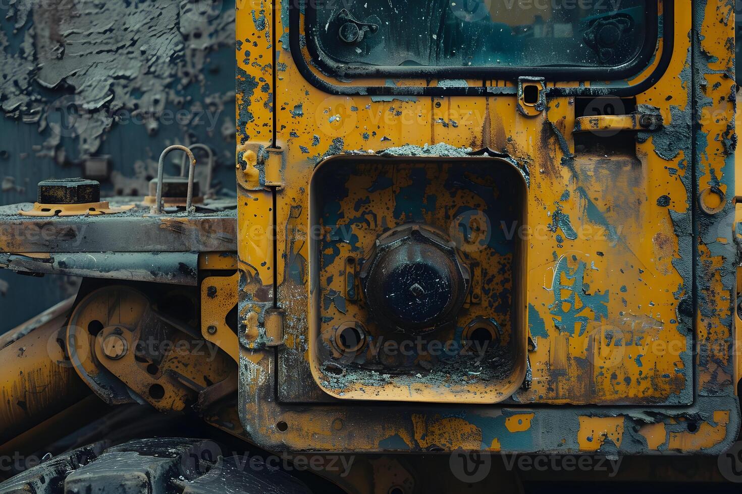 A close up of a rusty yellow bulldozer photo