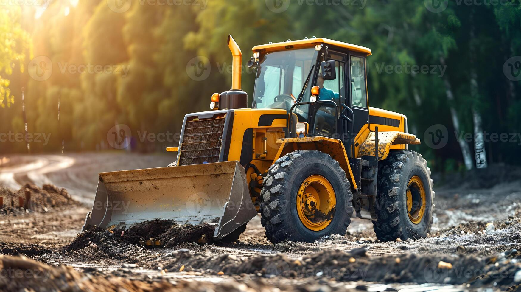 A yellow bulldozer is driving on a dirt road photo