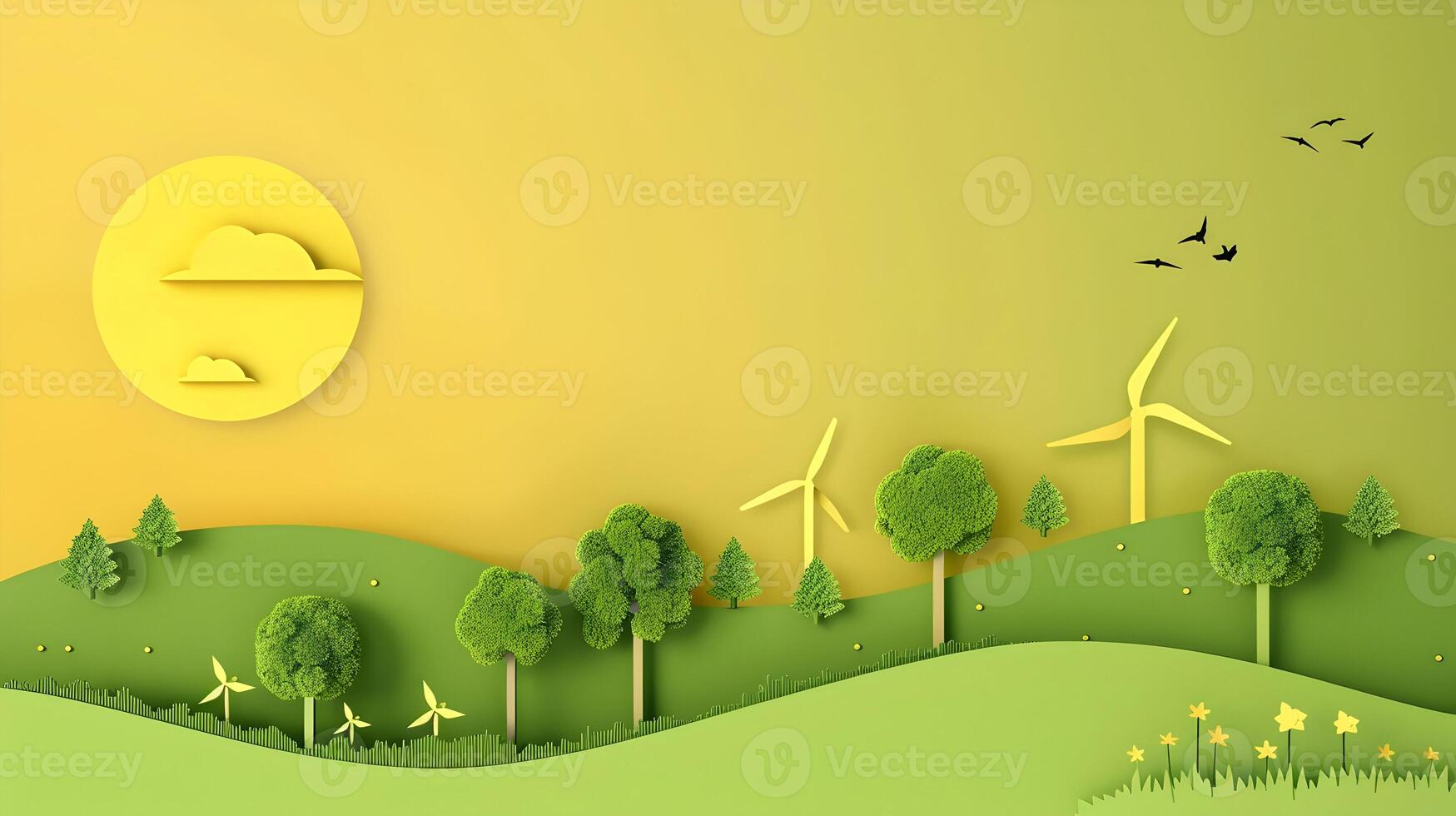 Paper art of wind turbines and trees photo