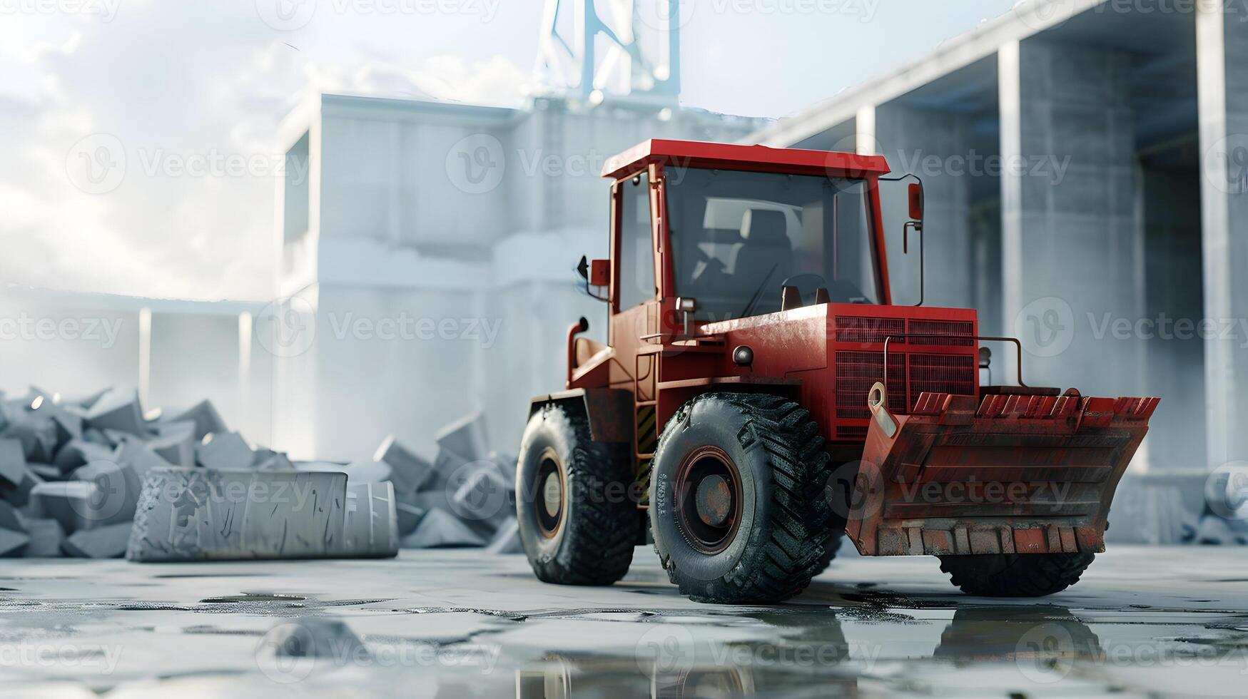 A red bulldozer is parked in front of a building photo