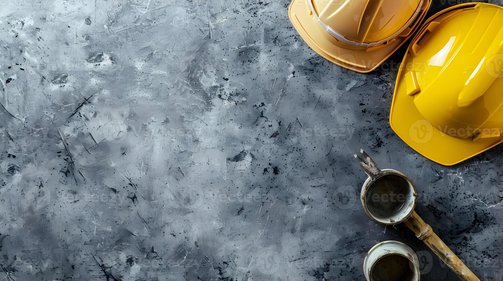 Construction equipment and hard hats on a concrete surface photo