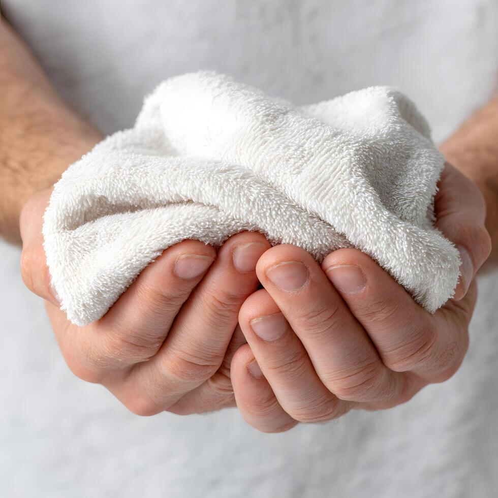 Man s Hands Holding a Soft White Fluffy Bath Towel Close Up photo