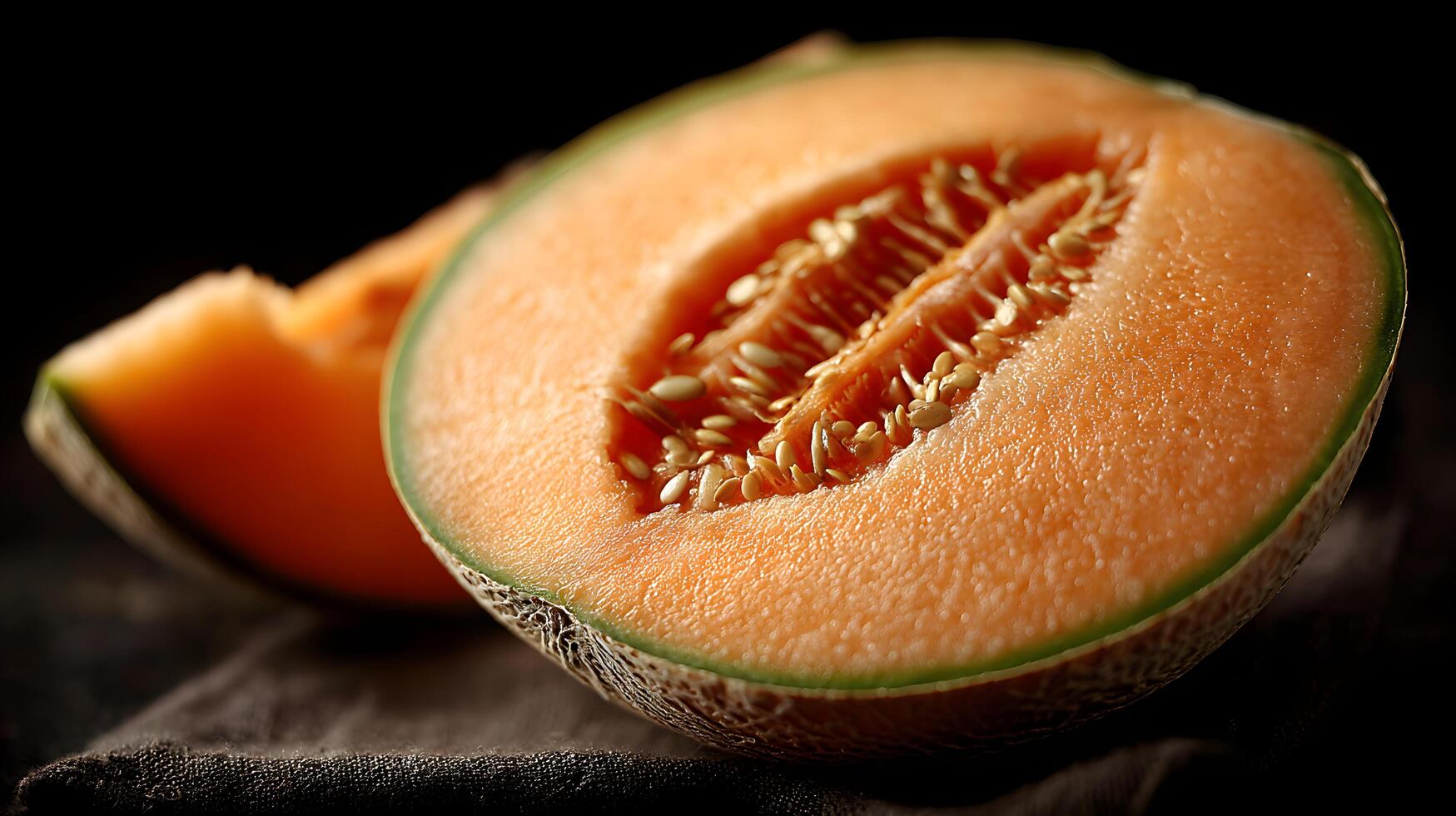 Juicy Cantaloupe Melon Slices Close up Detail of Ripe Orange Flesh and Seeds photo