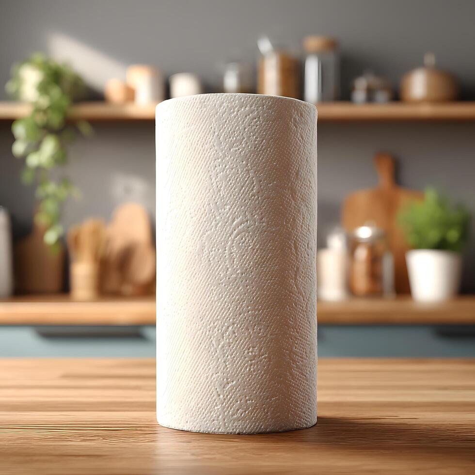 Kitchen Roll Paper Towel Dispenser on Wooden Countertop in Modern Kitchen Setting photo