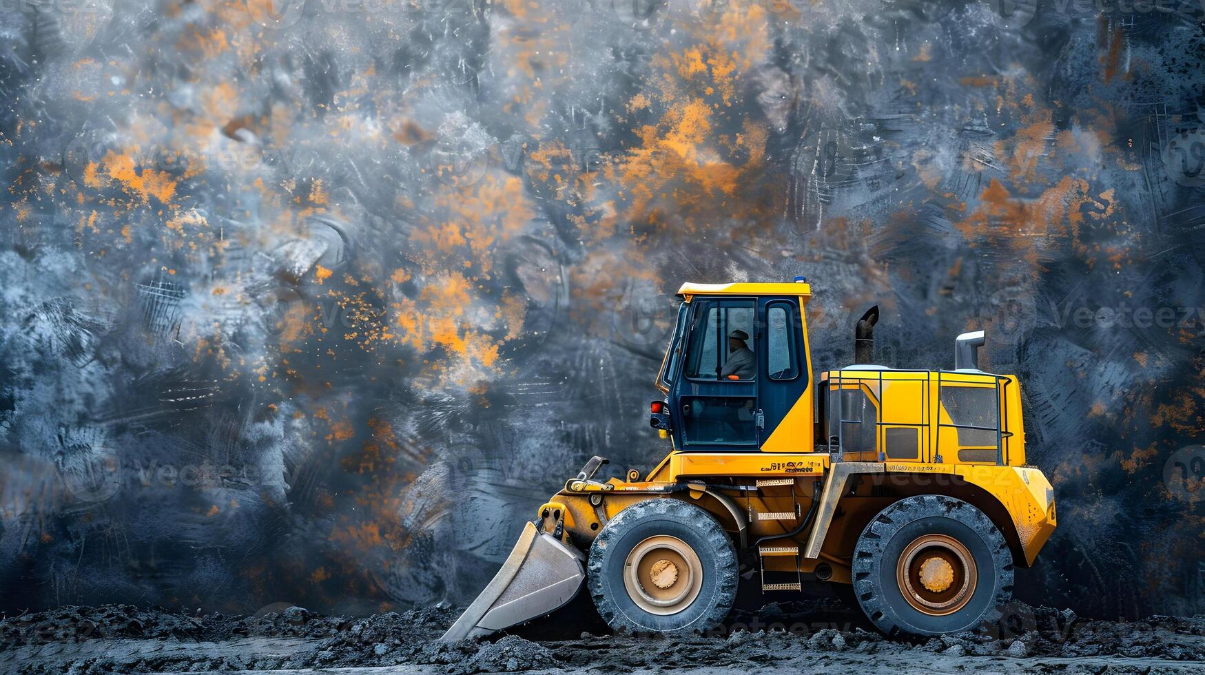 A yellow bulldozer is parked in front of a wall photo