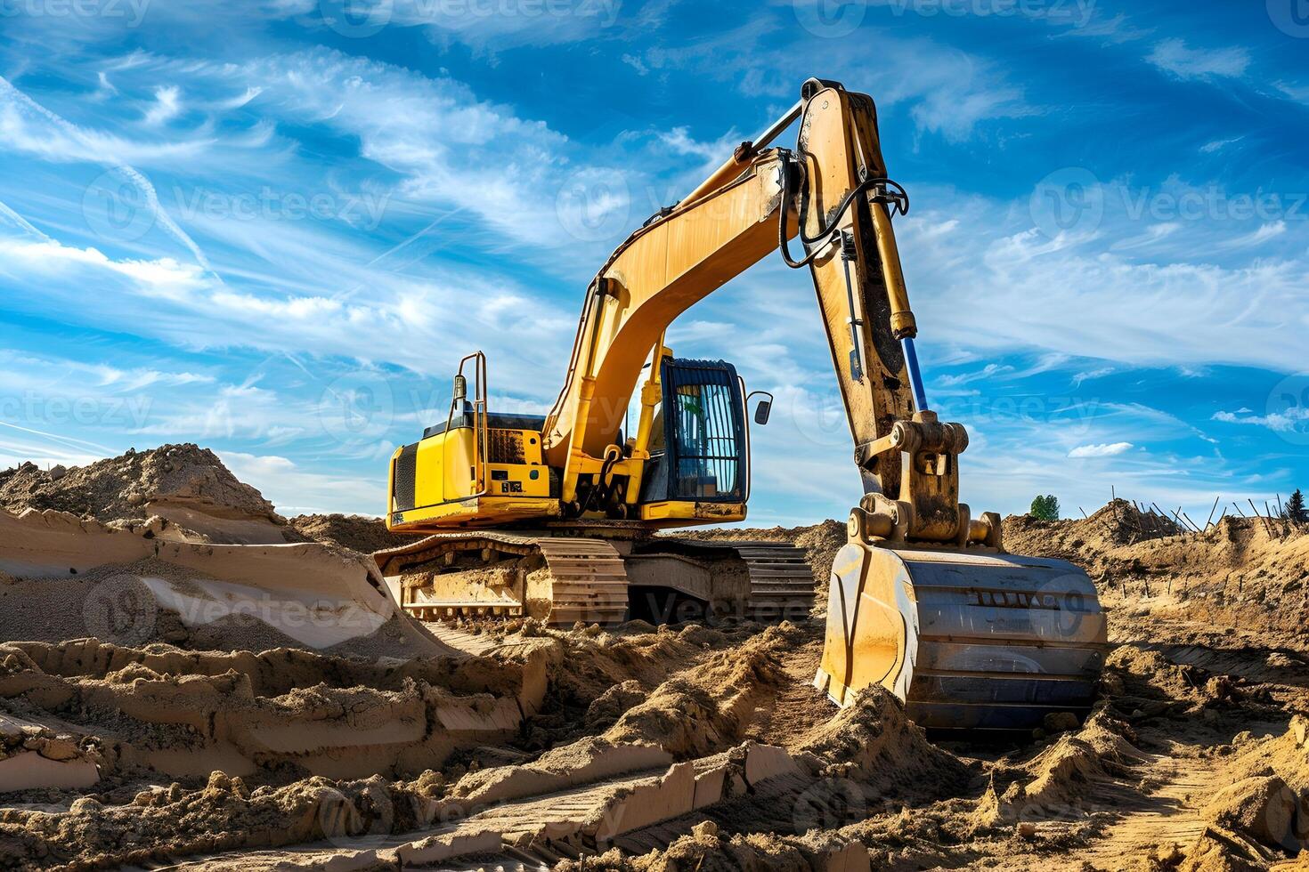 A large excavator is sitting in the sand photo