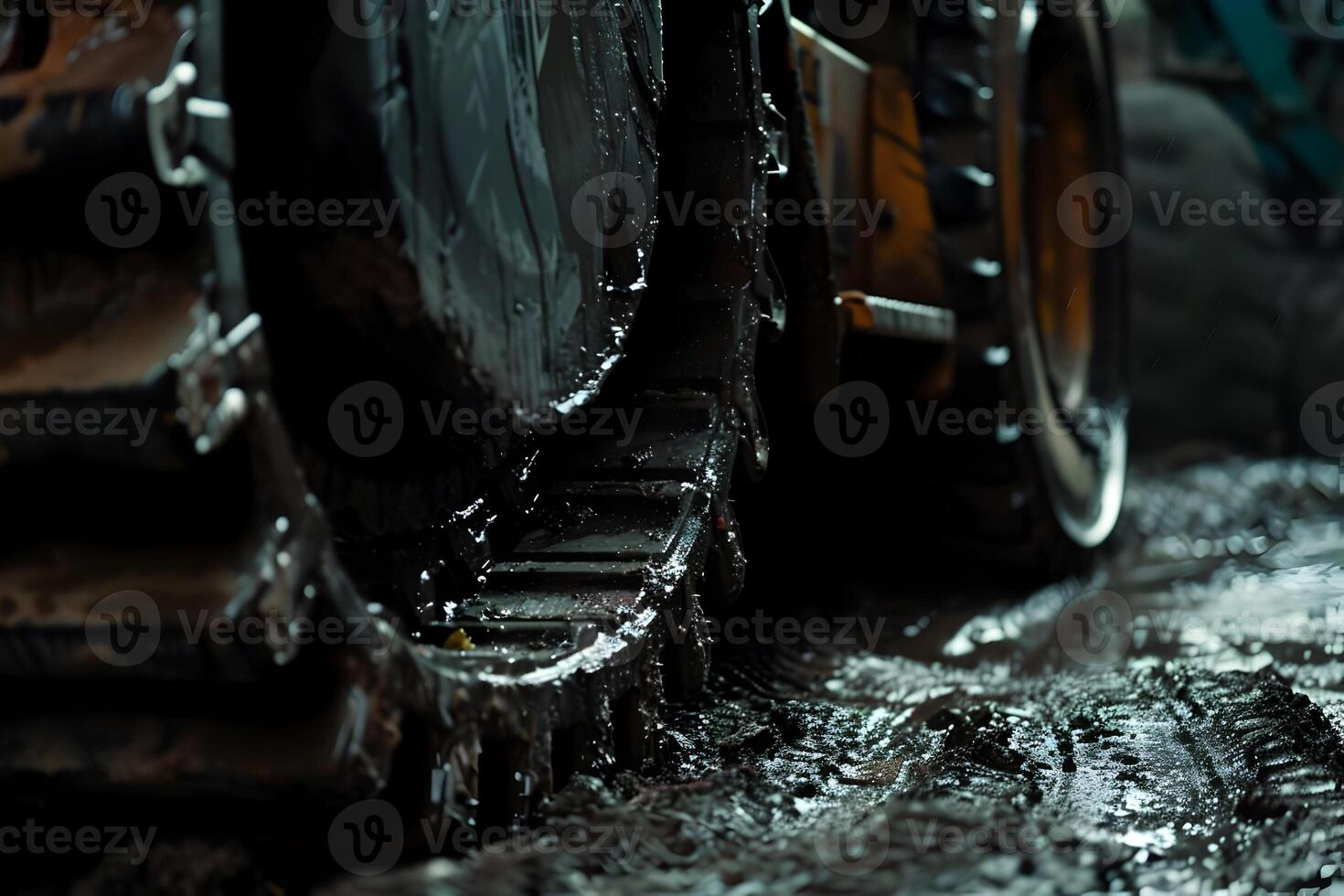 A close up of a tractor tire on a muddy road photo
